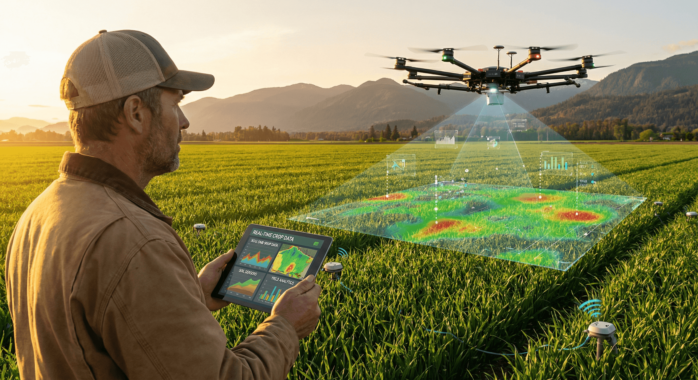 Farmer using tablet with drone scanning crops in BC field with mountains