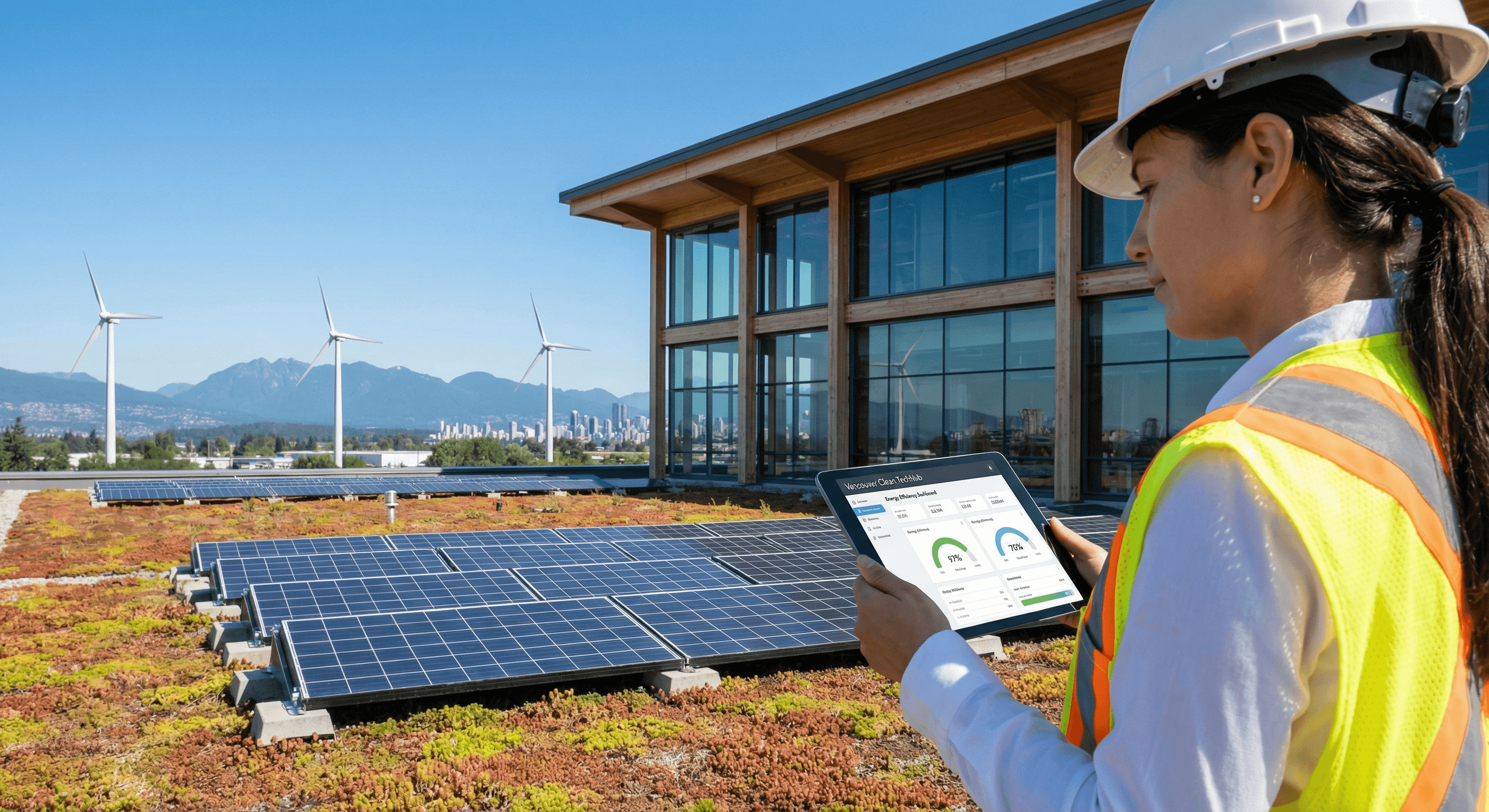 Engineer on green rooftop with solar panels and Vancouver skyline