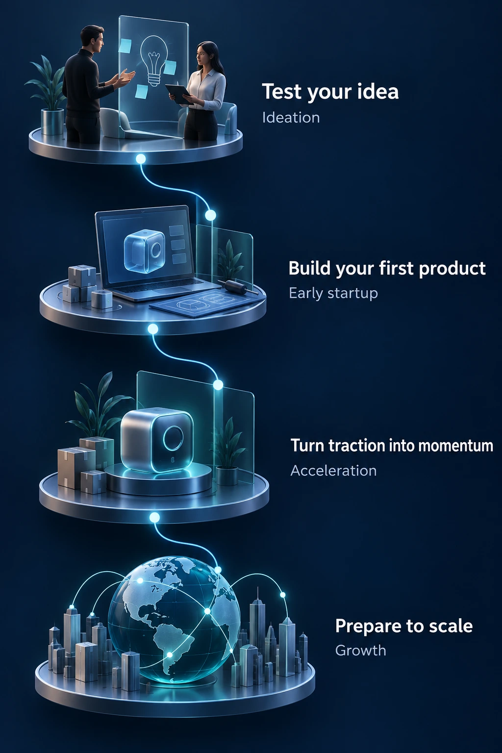 Test the opportunity, build your product and prepare for growth with support matched to your stage.