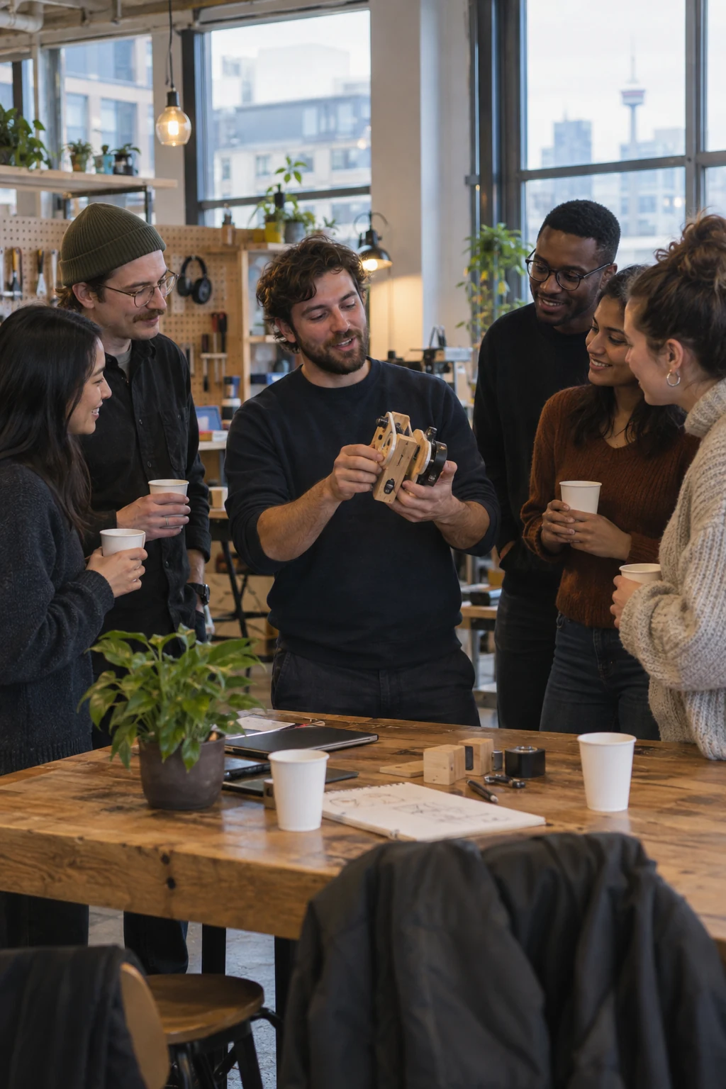 A founder demonstrating a product prototype while community members watch, talk, and share coffee