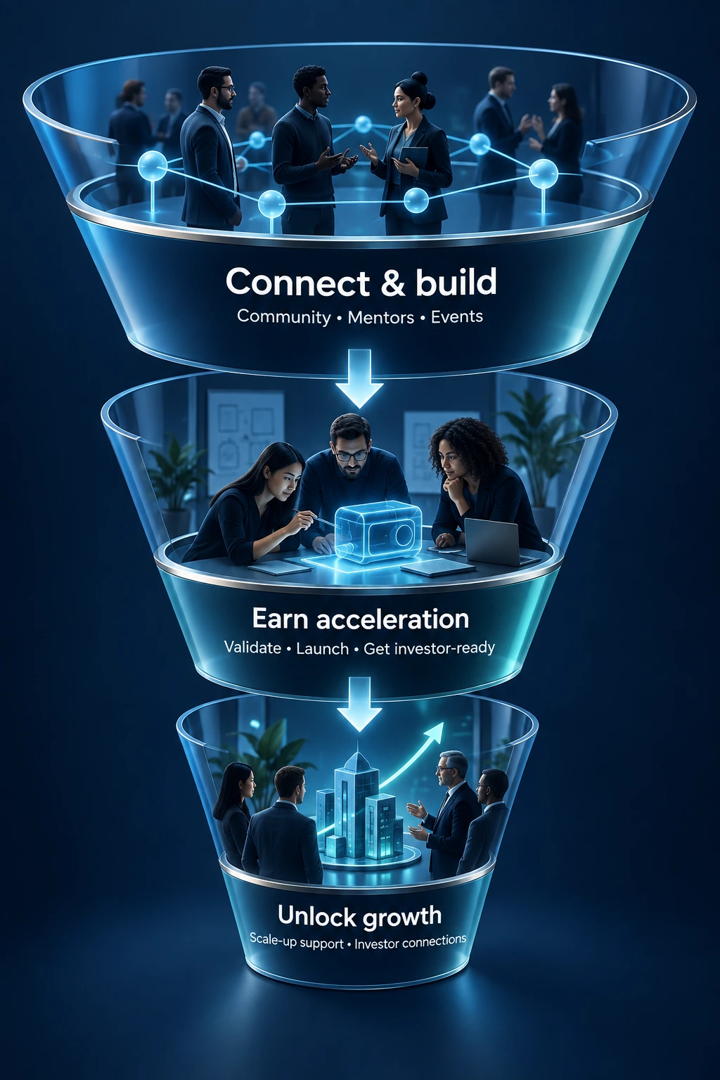 Connect and build through community, earn acceleration through validation, then unlock growth through investor connections