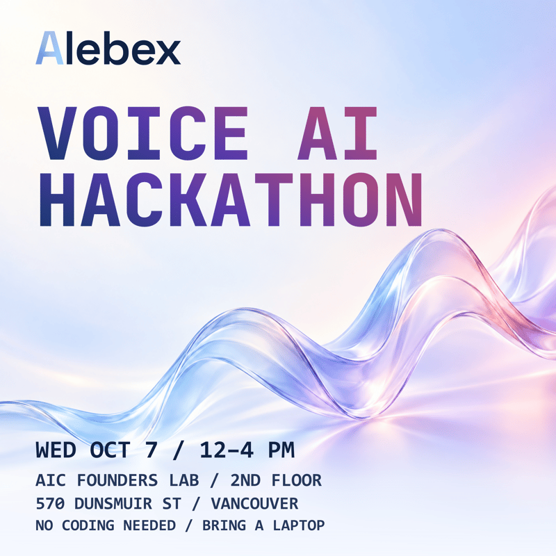 ALEBEX Voice AI Hackathon, October 7, noon to 4 PM at AIC Founders Lab. No coding needed; bring a laptop.